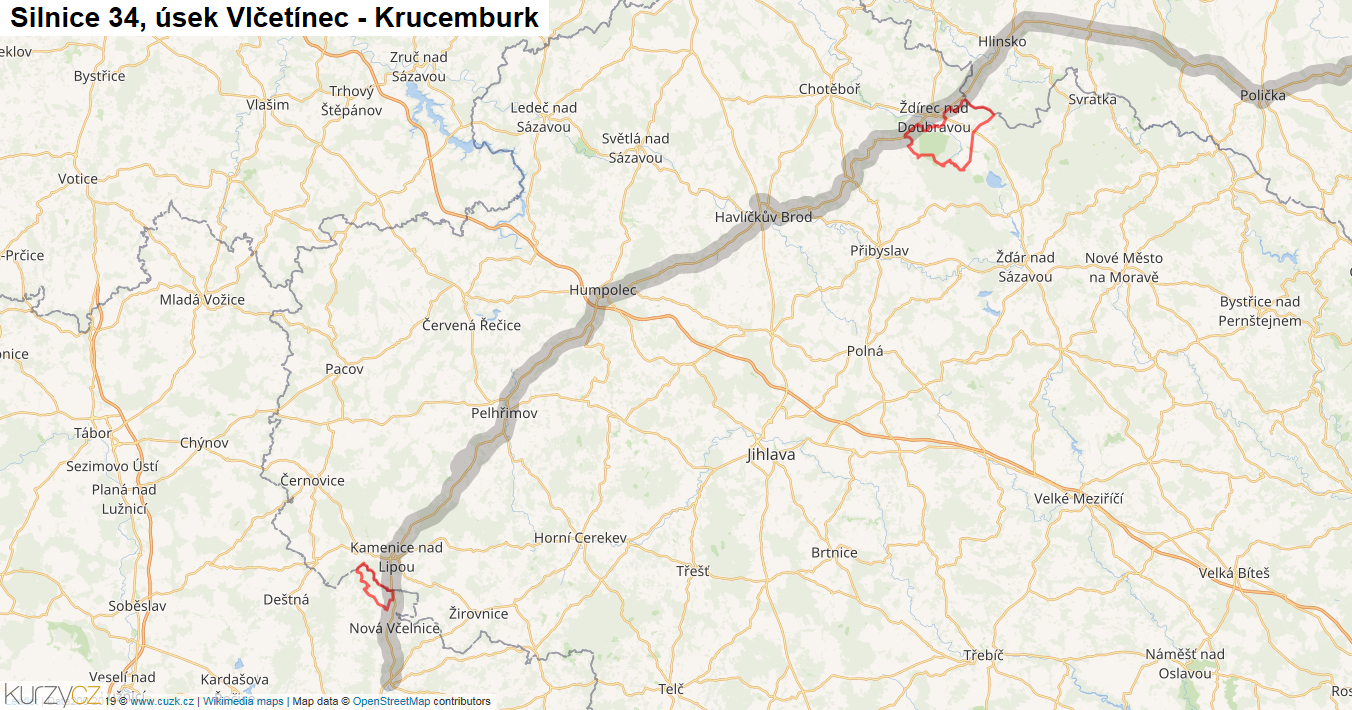 Úsek Vlčetínec - Krucemburk, Silnice 34 - Mapa