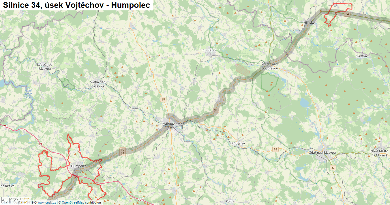 Úsek Vojtěchov - Humpolec, Silnice 34 - Mapa