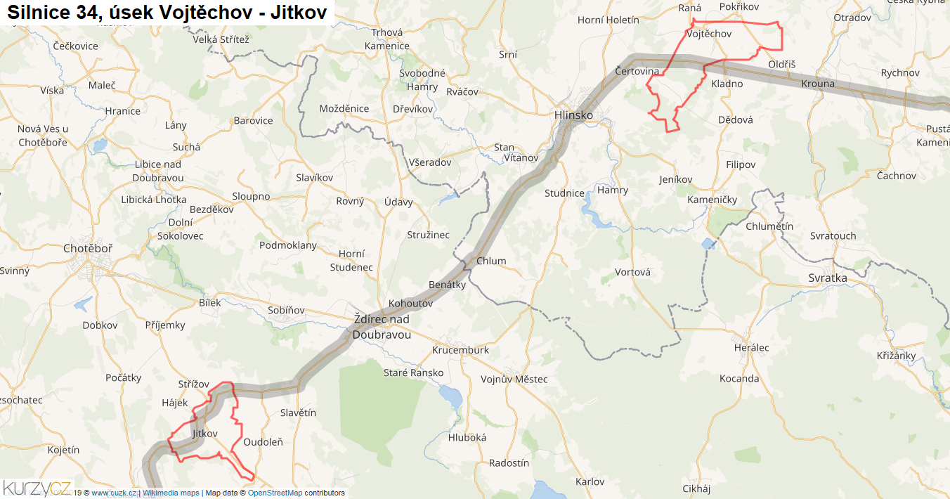 Úsek Vojtěchov - Jitkov, Silnice 34 - Mapa