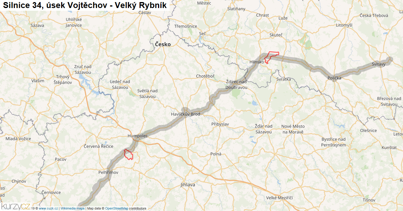 Úsek Vojtěchov - Velký Rybník, Silnice 34 - Mapa