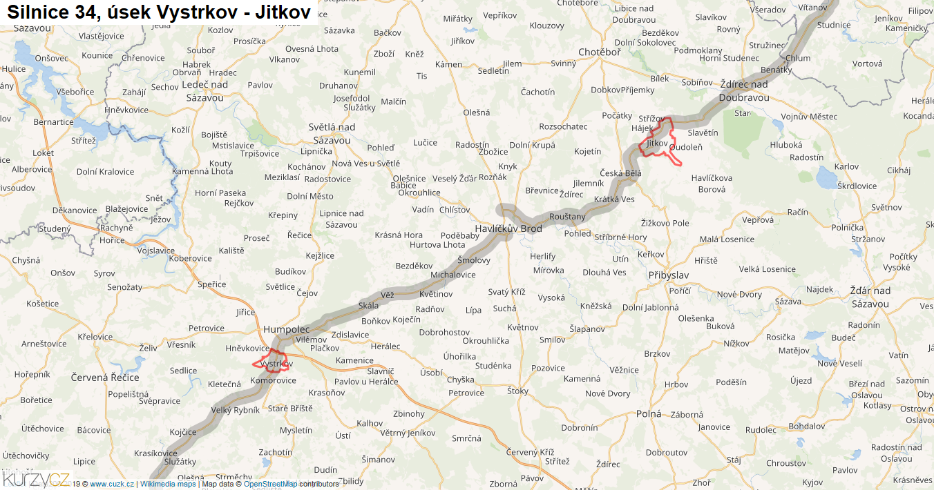 Úsek Vystrkov - Jitkov, Silnice 34 - Mapa