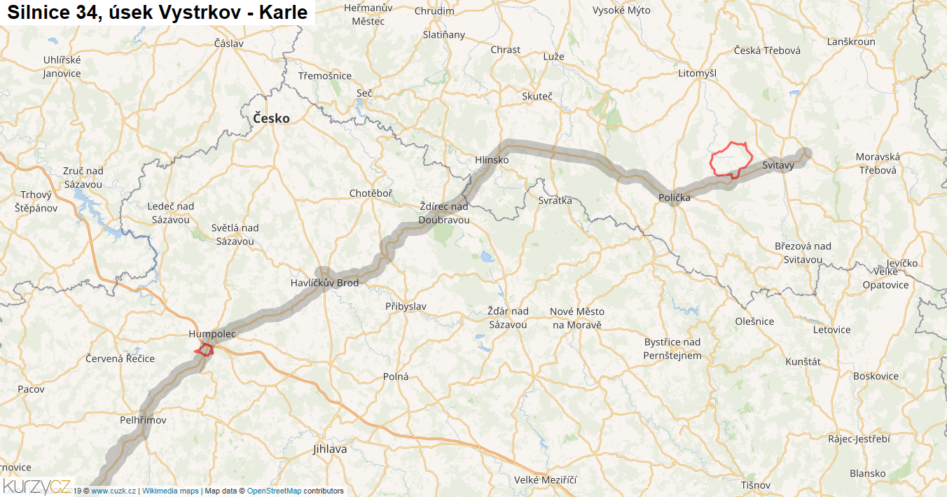 Úsek Vystrkov - Karle, Silnice 34 - Mapa