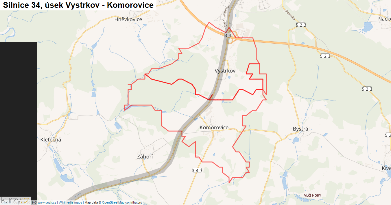 Úsek Vystrkov - Komorovice, Silnice 34 - Mapa