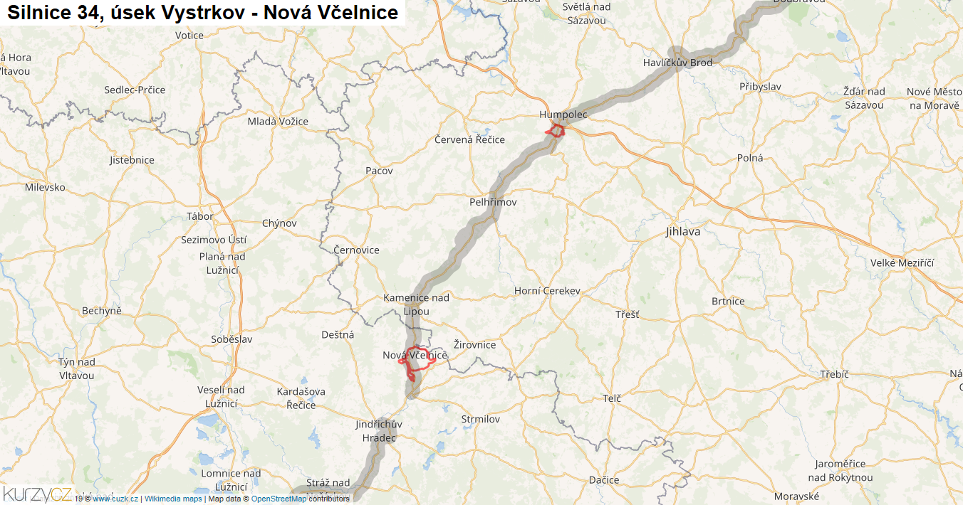 Úsek Vystrkov - Nová Včelnice, Silnice 34 - Mapa
