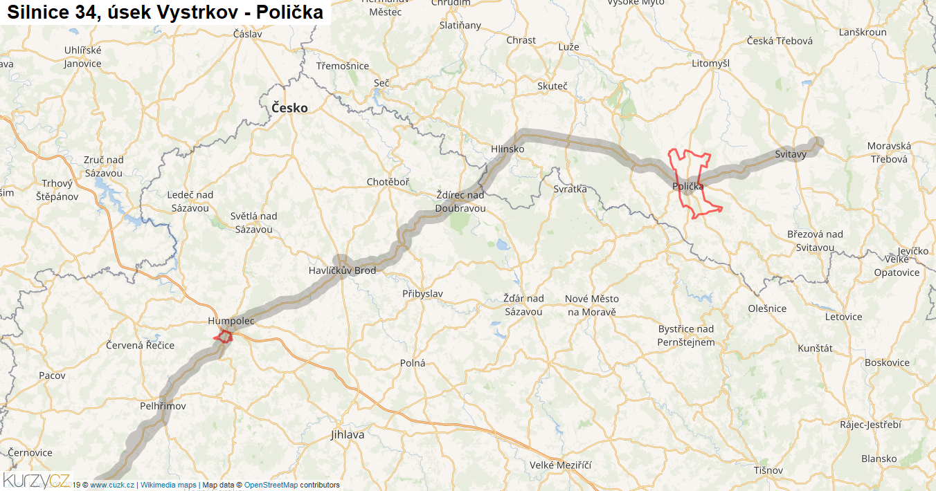 Úsek Vystrkov - Polička, Silnice 34 - Mapa