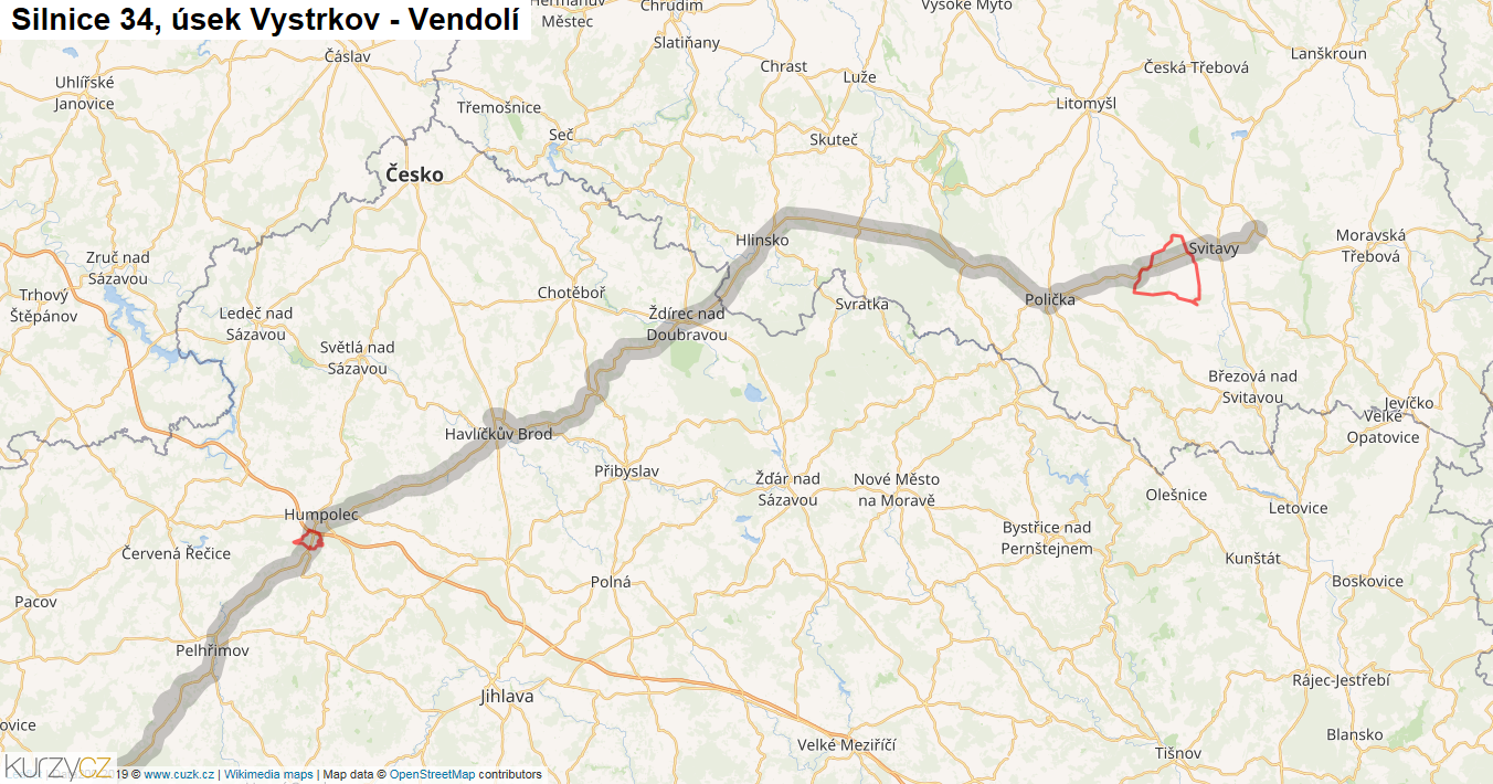 Úsek Vystrkov - Vendolí, Silnice 34 - Mapa