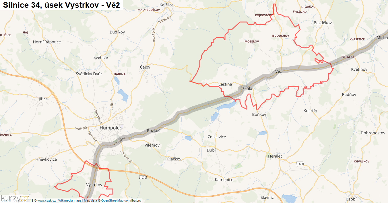 Úsek Vystrkov - Věž, Silnice 34 - Mapa