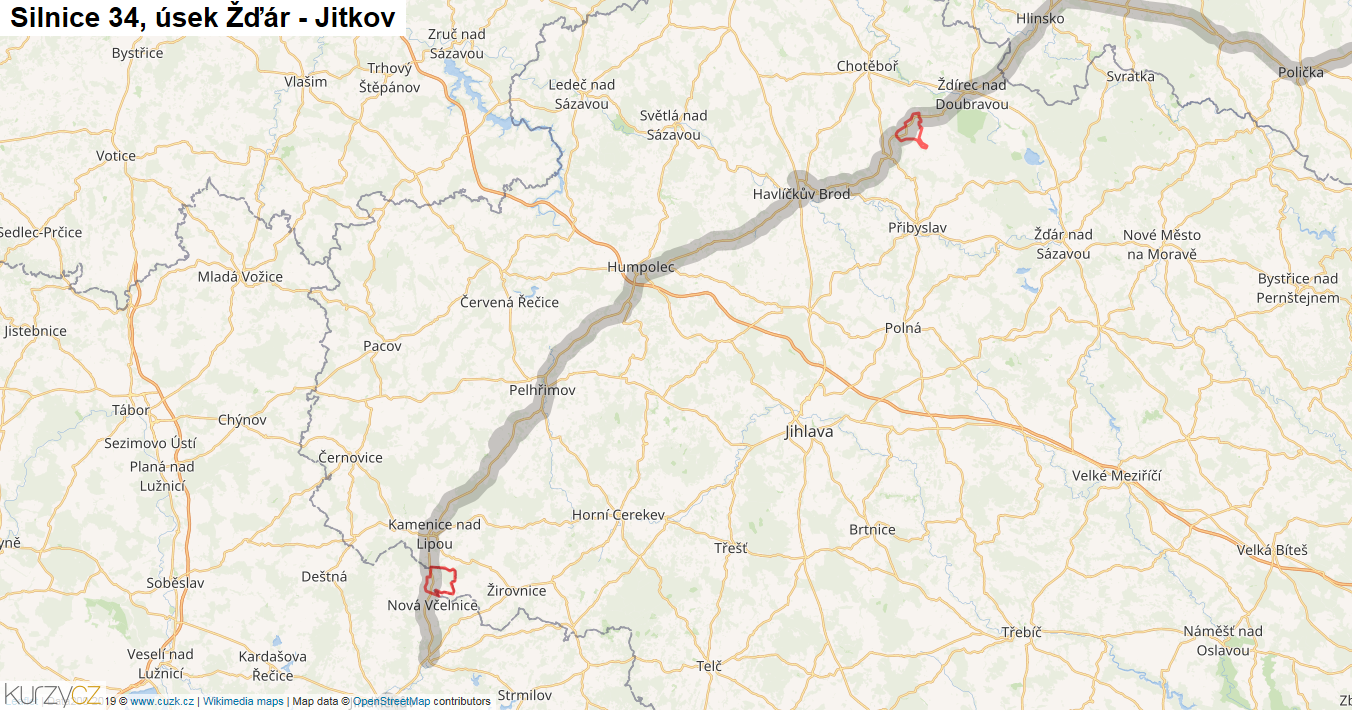 Úsek Žďár - Jitkov, Silnice 34 - Mapa