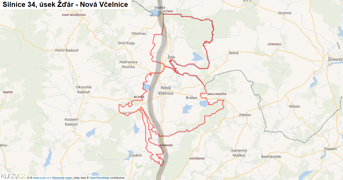 Úsek Žďár - Nová Včelnice, Silnice 34 - Mapa