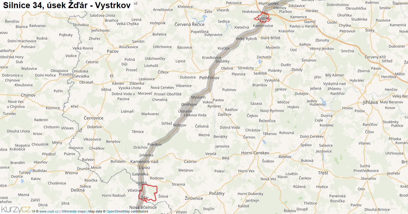 Úsek Žďár - Vystrkov, Silnice 34 - Mapa