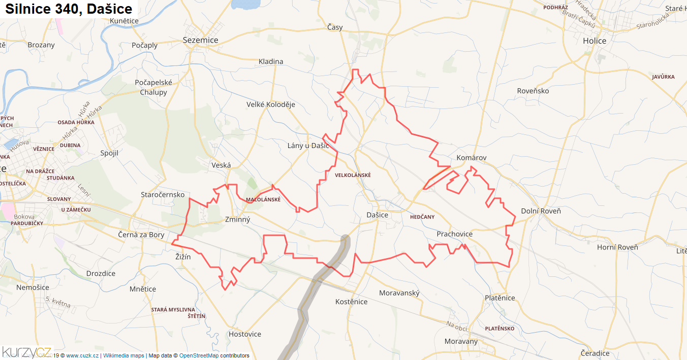 Dašice, Silnice 340 - Mapa