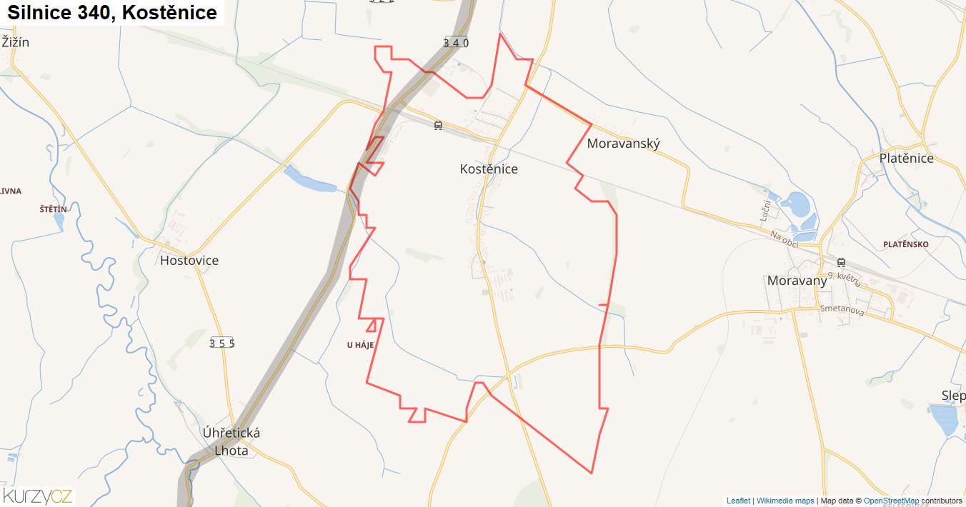Kostěnice, Silnice 340 - Mapa