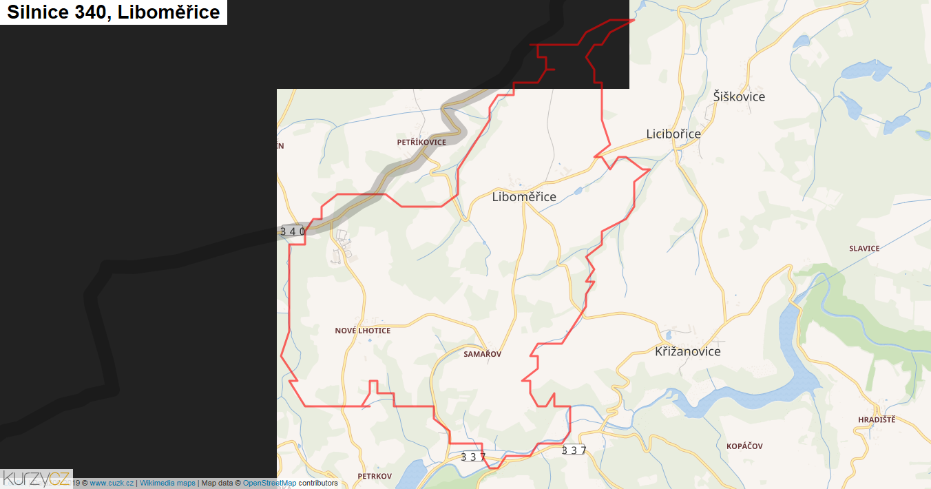 Liboměřice, Silnice 340 - Mapa