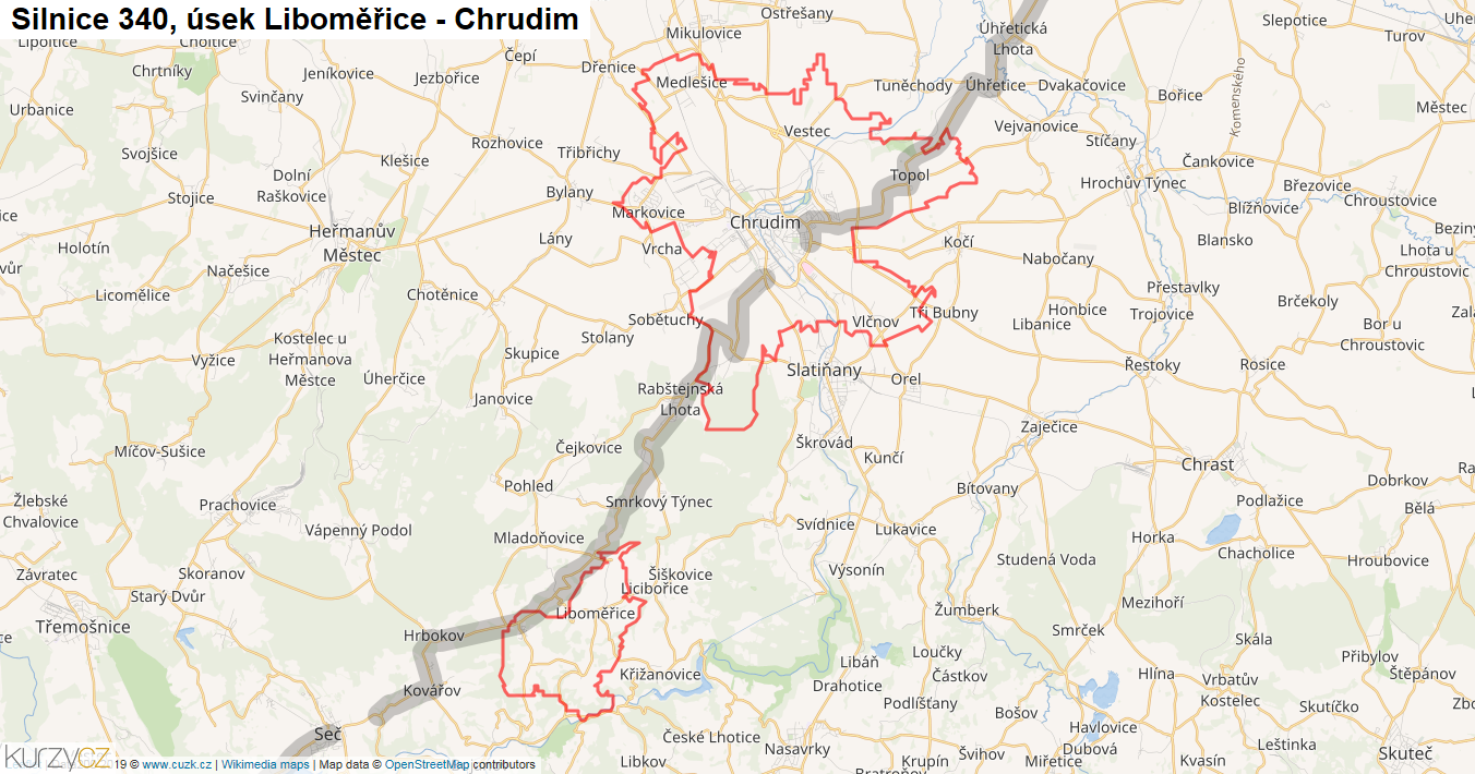 Úsek Liboměřice - Chrudim, Silnice 340 - Mapa