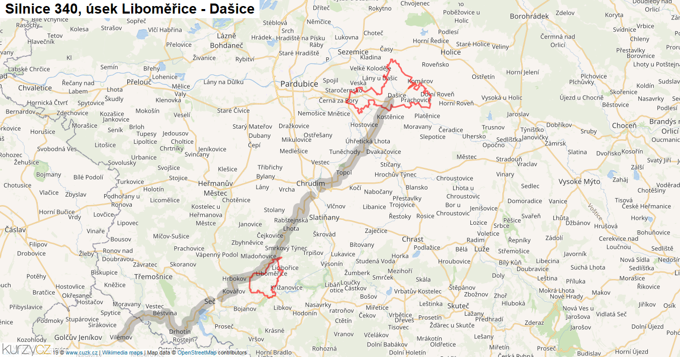 Úsek Liboměřice - Dašice, Silnice 340 - Mapa