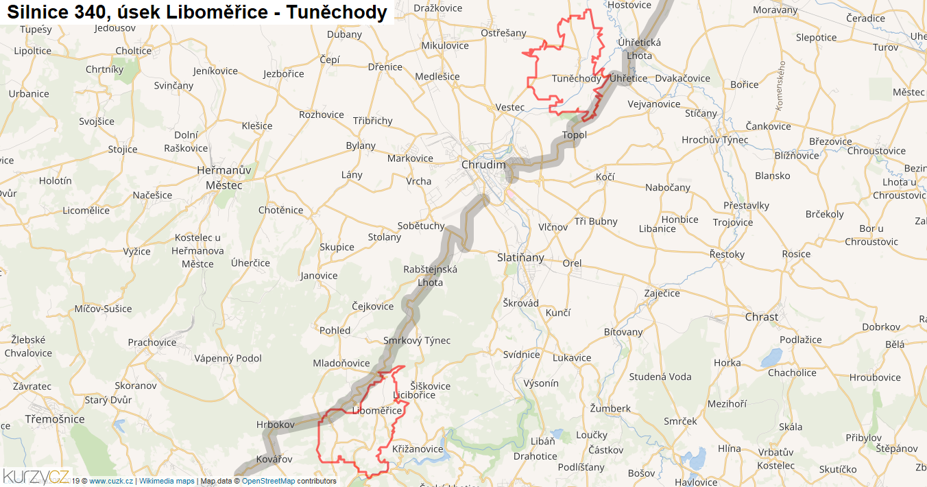 Úsek Liboměřice - Tuněchody, Silnice 340 - Mapa