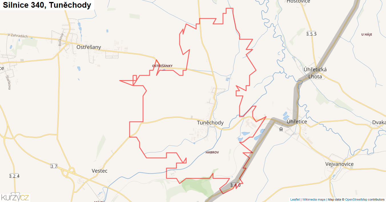 Tuněchody, Silnice 340 - Mapa