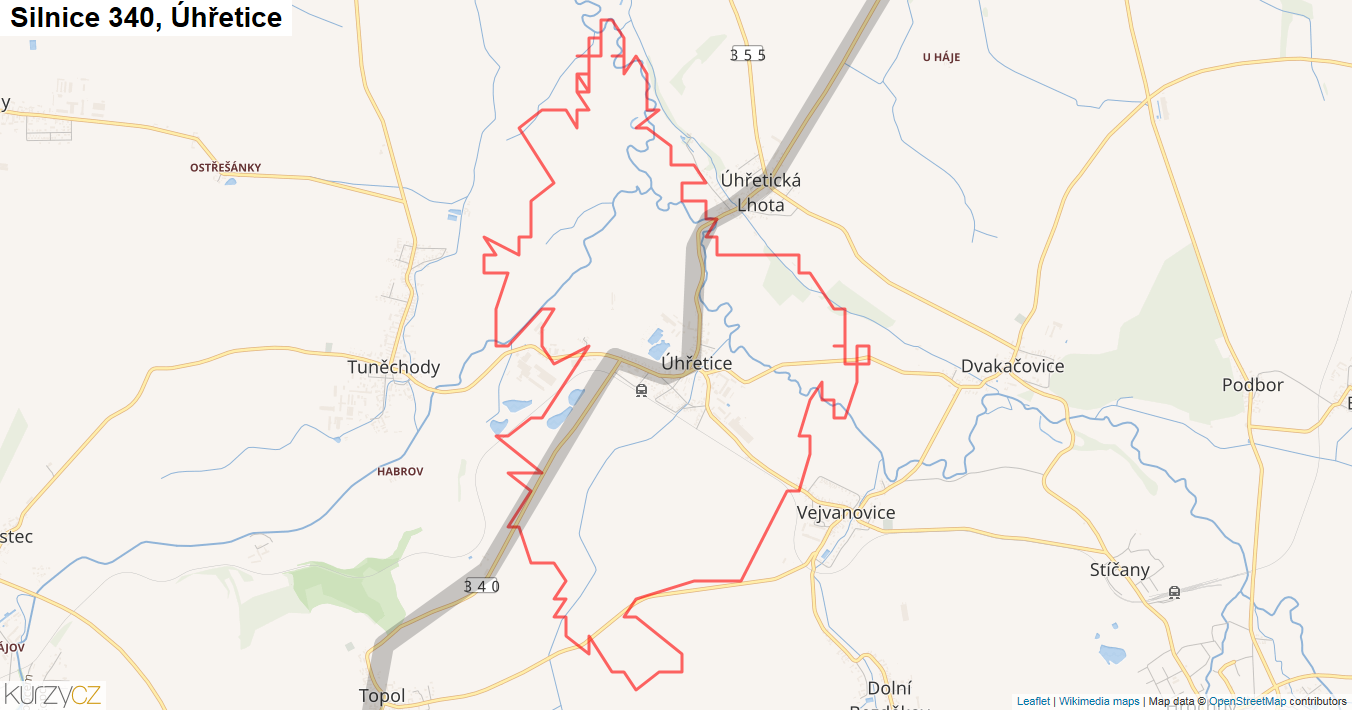 Úhřetice, Silnice 340 - Mapa