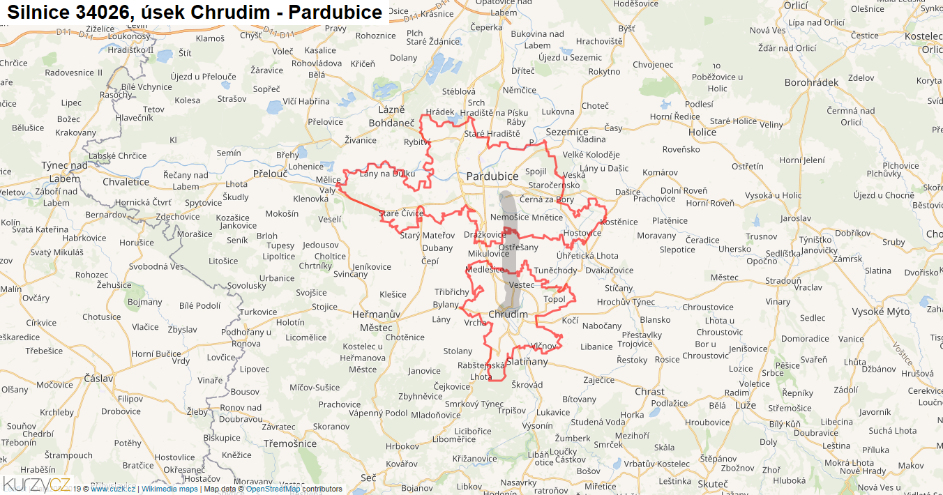 Úsek Chrudim - Pardubice, Silnice 34026 - Mapa