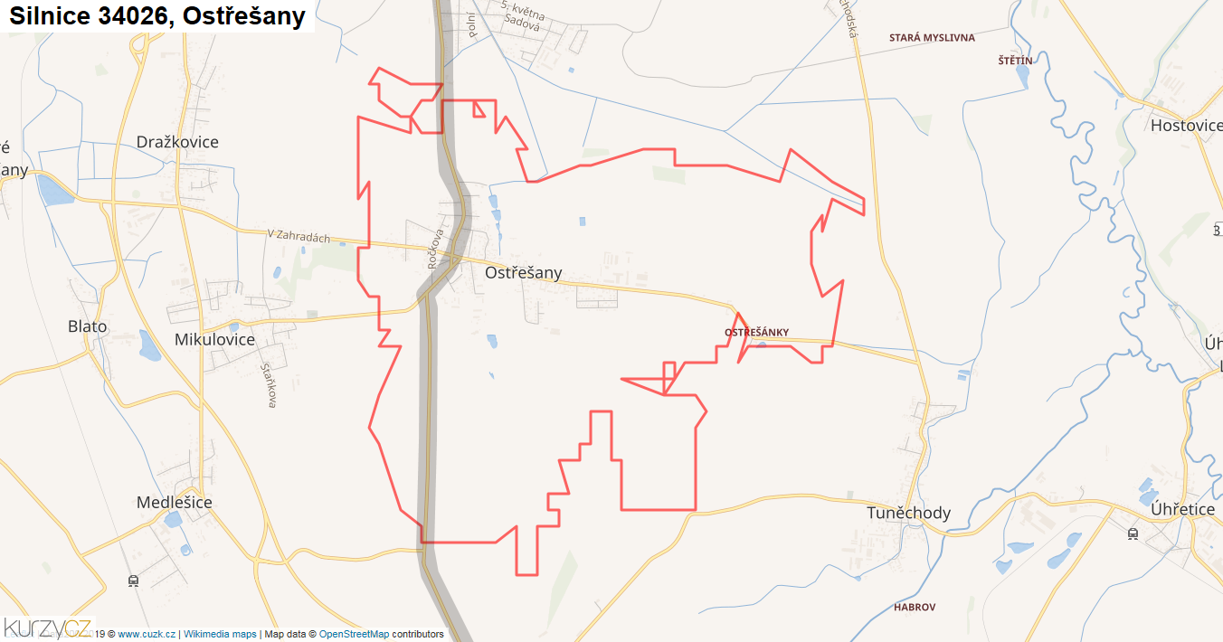 Ostřešany, Silnice 34026 - Mapa