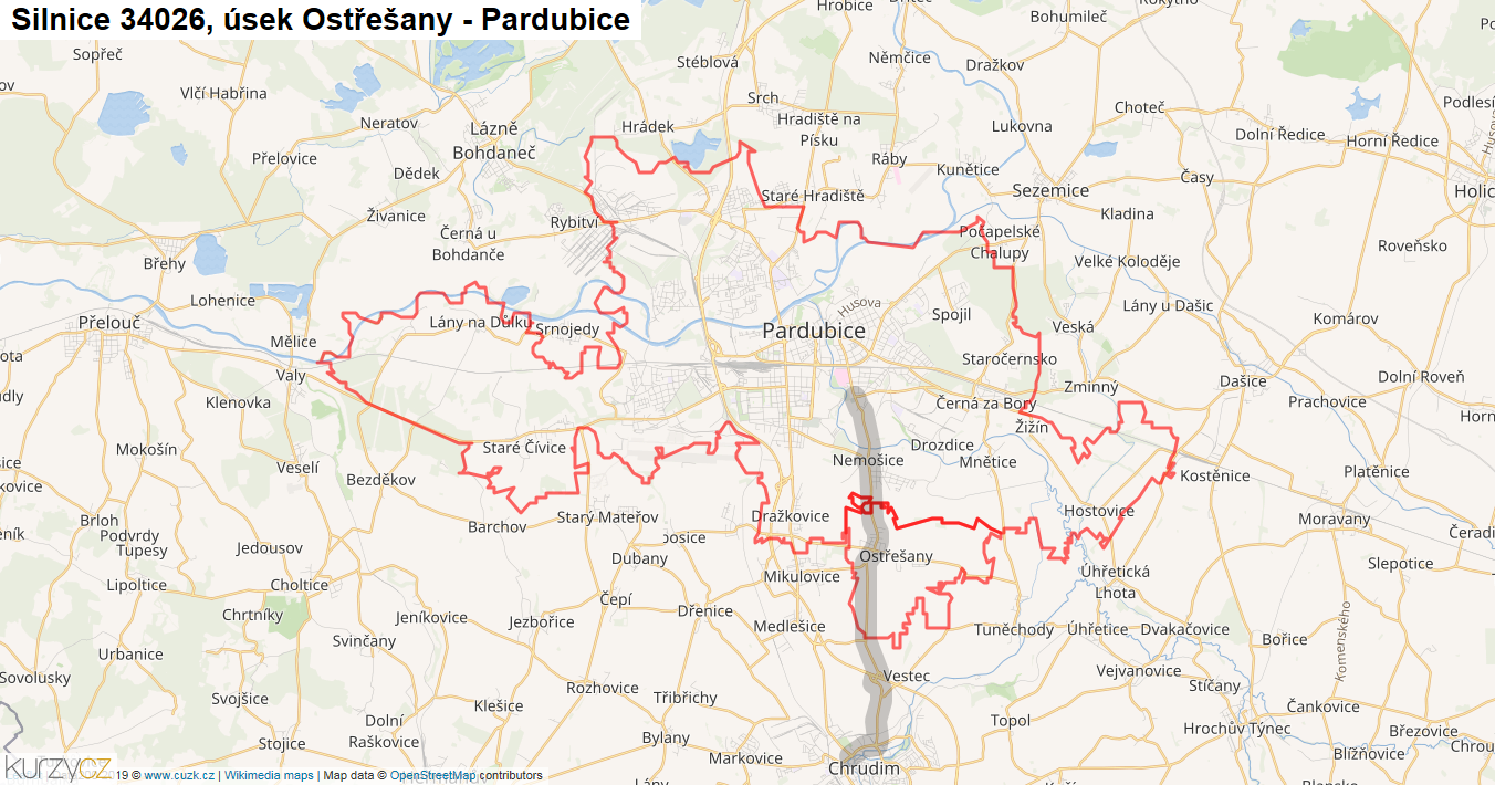 Úsek Ostřešany - Pardubice, Silnice 34026 - Mapa