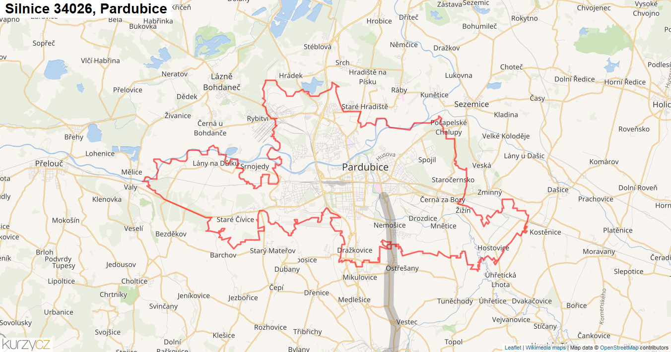 Pardubice, Silnice 34026 - Mapa