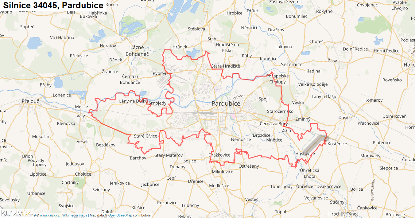 Pardubice, Silnice 34045 - Mapa