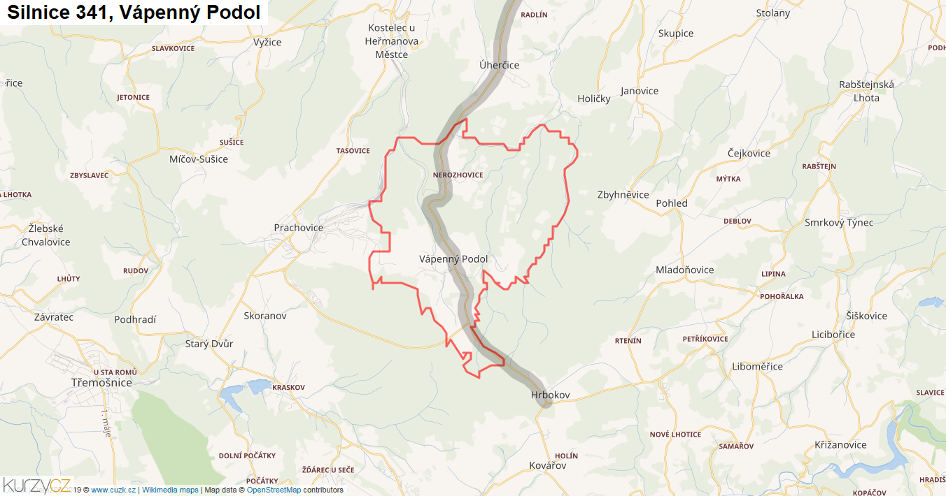 Vápenný Podol, Silnice 341 - Mapa