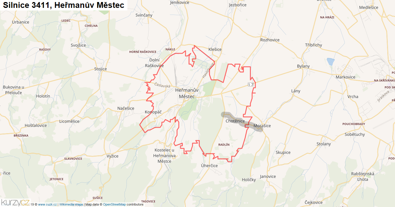 Heřmanův Městec, Silnice 3411 - Mapa