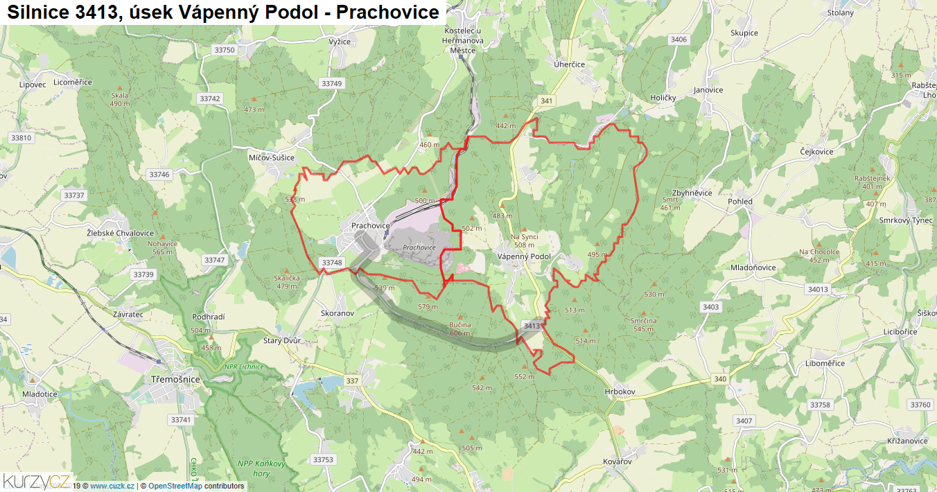 Úsek Vápenný Podol - Prachovice, Silnice 3413 - Mapa