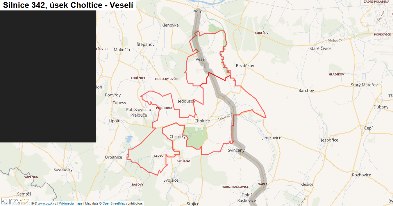 Úsek Choltice - Veselí, Silnice 342 - Mapa