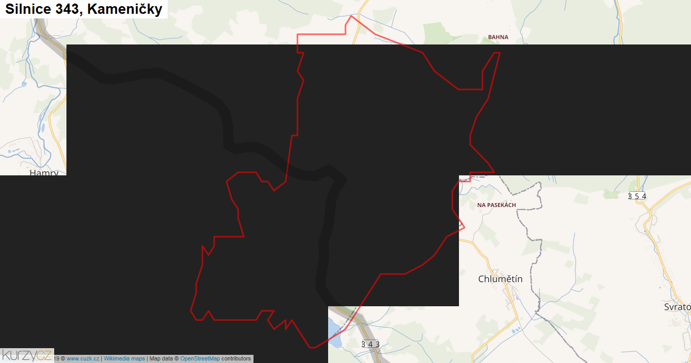 Kameničky, Silnice 343 - Mapa