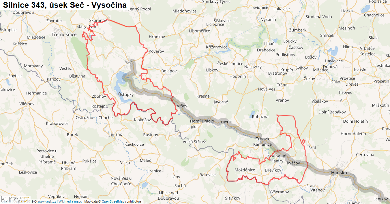 Úsek Seč - Vysočina, Silnice 343 - Mapa