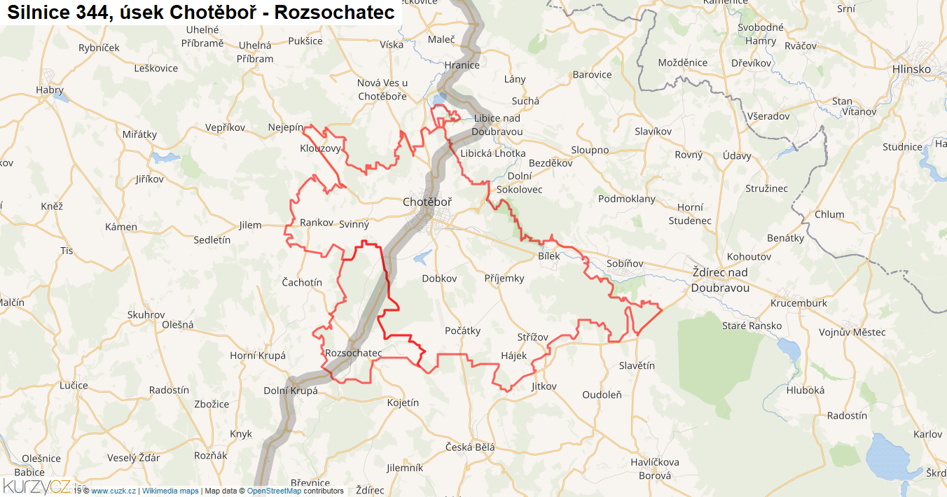 Úsek Chotěboř - Rozsochatec, Silnice 344 - Mapa