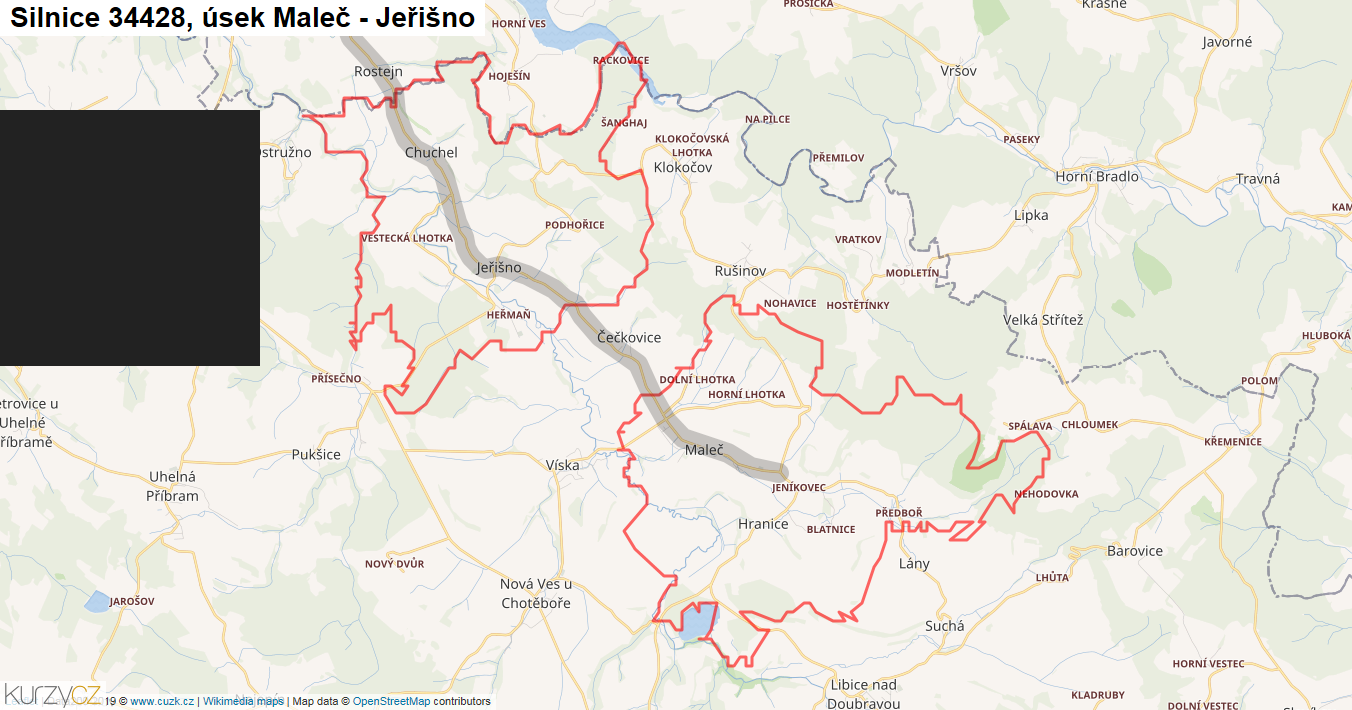 Úsek Maleč - Jeřišno, Silnice 34428 - Mapa