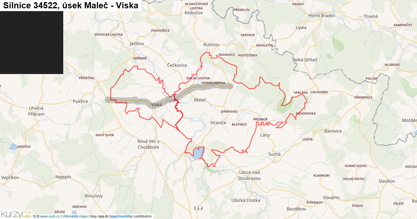 Úsek Maleč - Víska, Silnice 34522 - Mapa