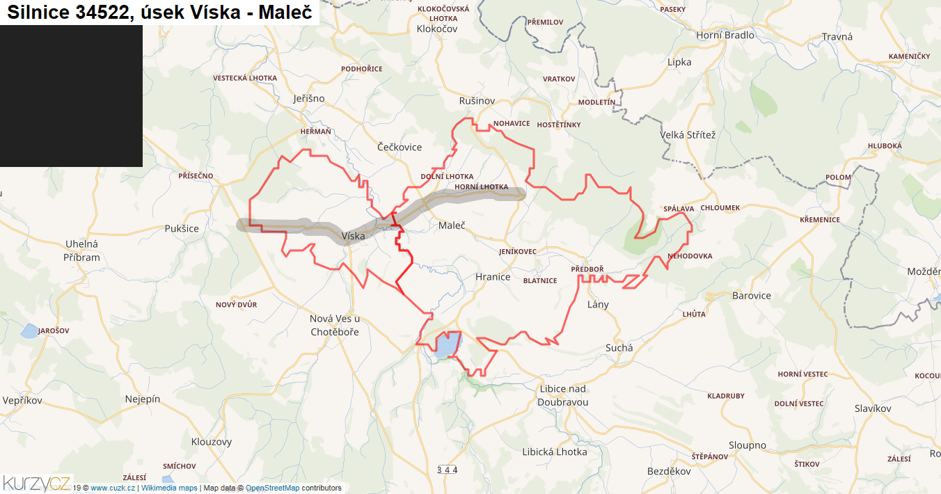 Úsek Víska - Maleč, Silnice 34522 - Mapa