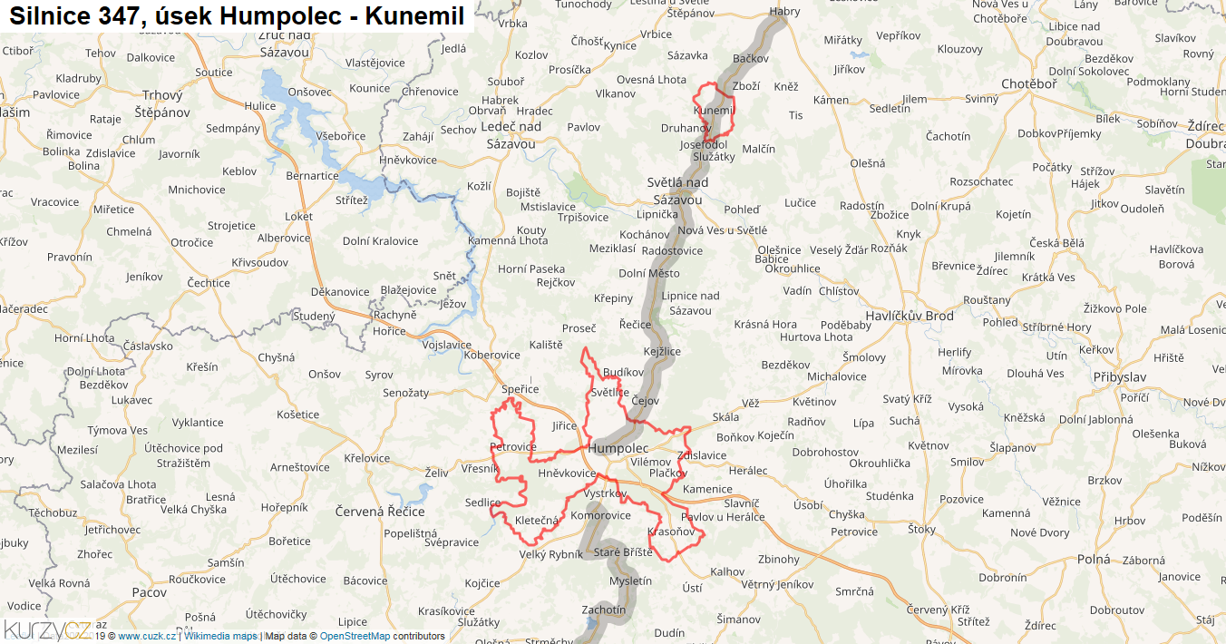 Úsek Humpolec - Kunemil, Silnice 347 - Mapa