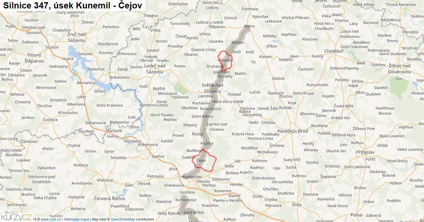 Úsek Kunemil - Čejov, Silnice 347 - Mapa