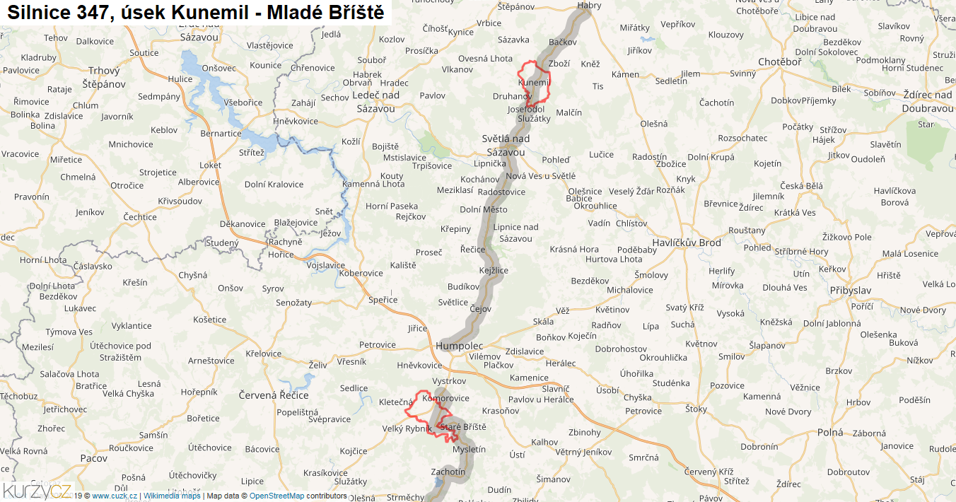 Úsek Kunemil - Mladé Bříště, Silnice 347 - Mapa