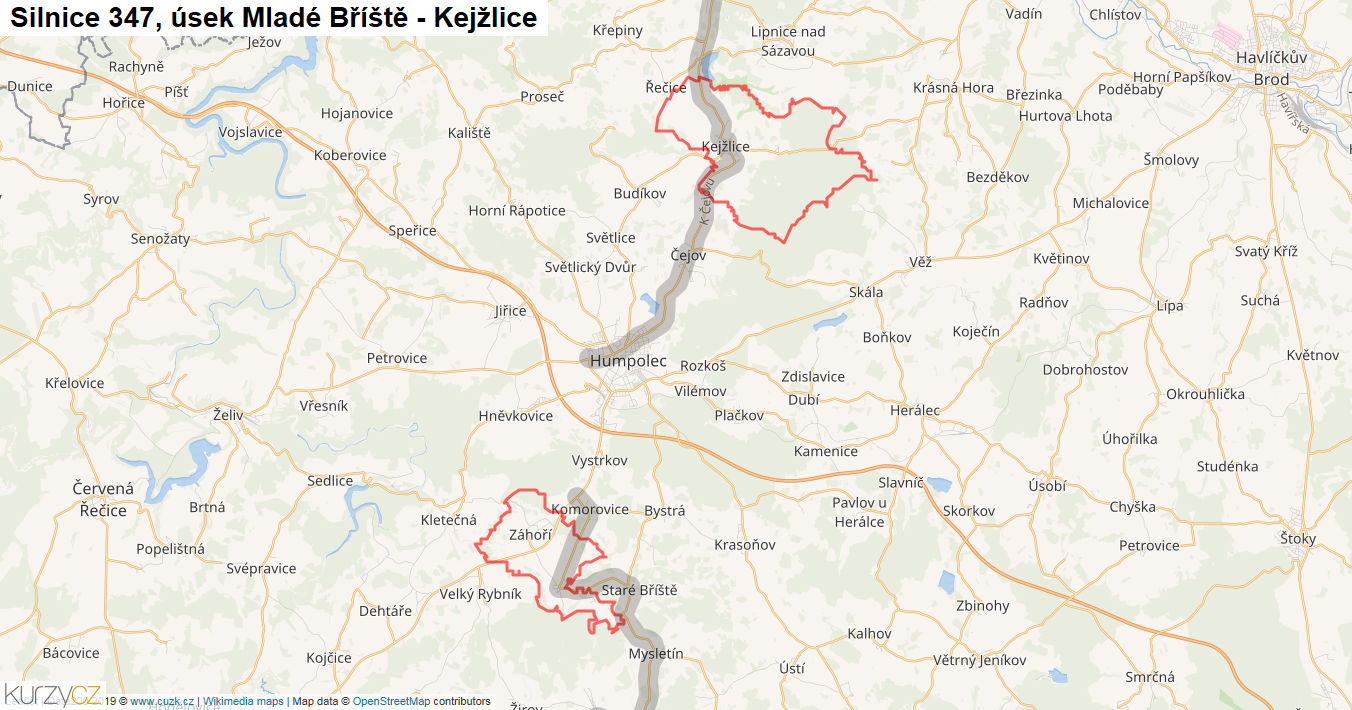 Úsek Mladé Bříště - Kejžlice, Silnice 347 - Mapa