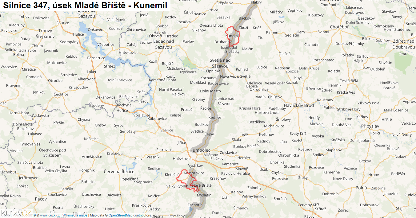 Úsek Mladé Bříště - Kunemil, Silnice 347 - Mapa