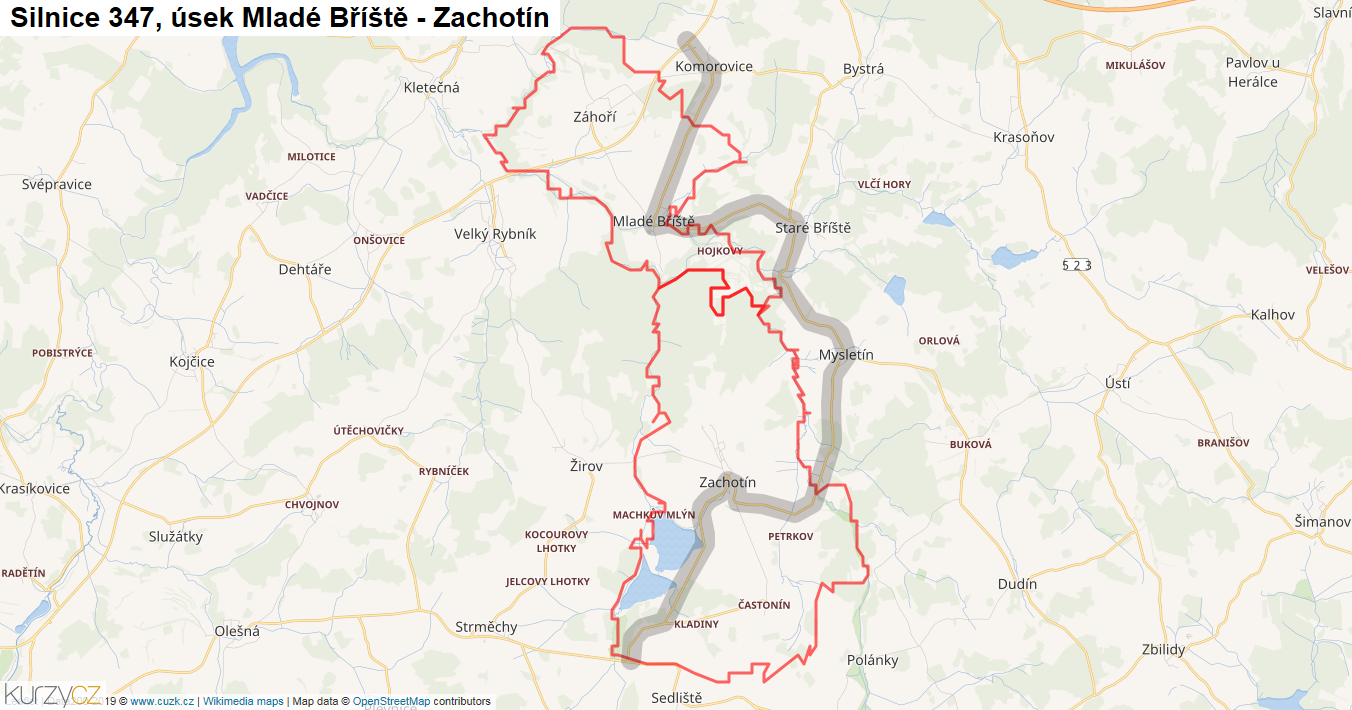 Úsek Mladé Bříště - Zachotín, Silnice 347 - Mapa