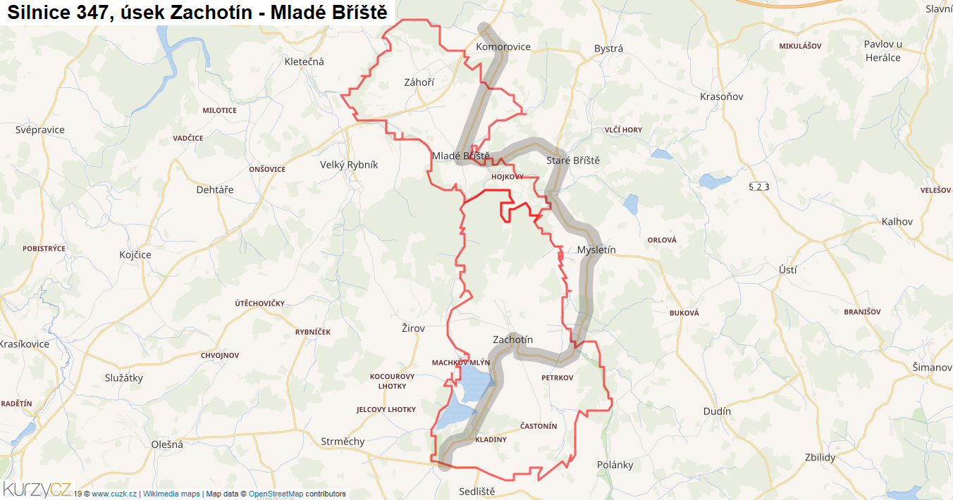 Úsek Zachotín - Mladé Bříště, Silnice 347 - Mapa