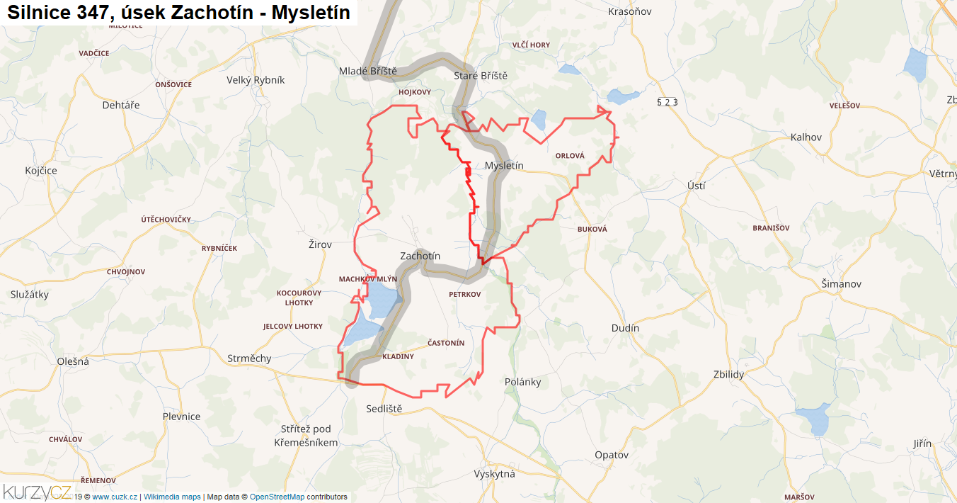 Úsek Zachotín - Mysletín, Silnice 347 - Mapa
