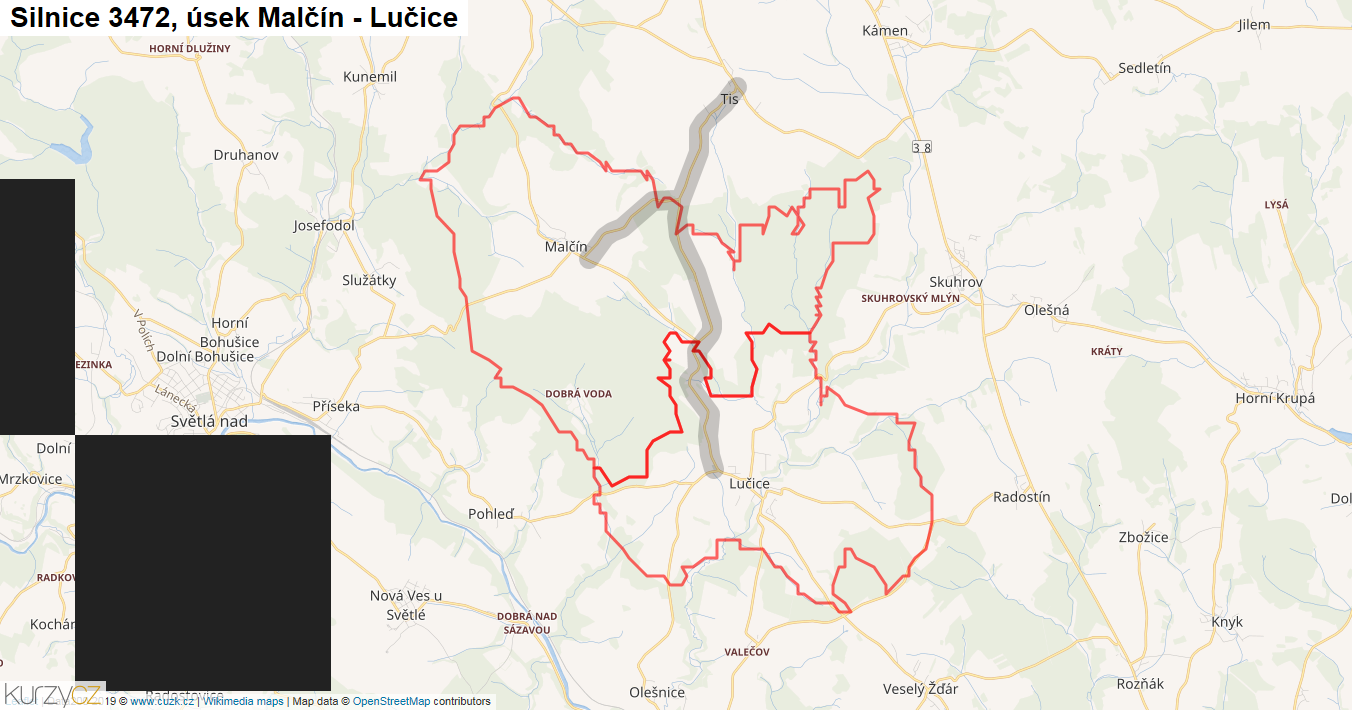 Úsek Malčín - Lučice, Silnice 3472 - Mapa