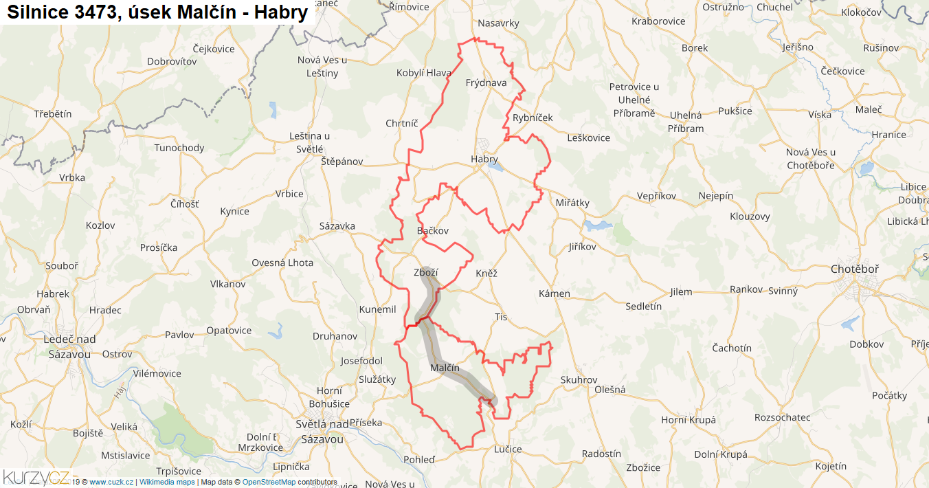 Úsek Malčín - Habry, Silnice 3473 - Mapa