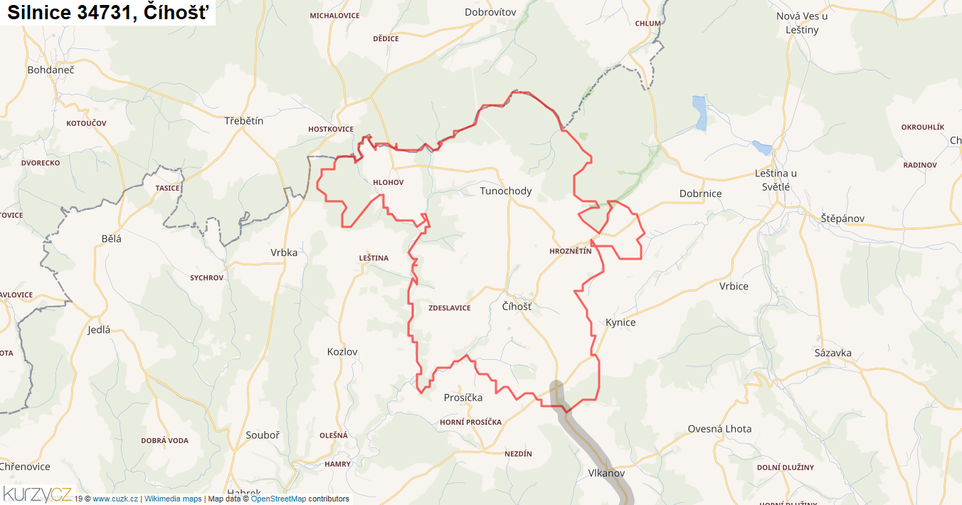 Číhošť, Silnice 34731 - Mapa