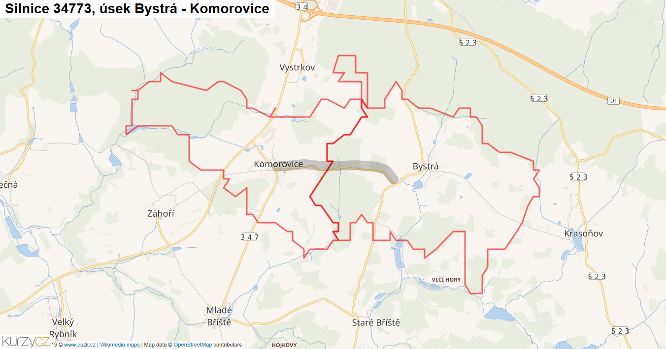 Úsek Bystrá - Komorovice, Silnice 34773 - Mapa