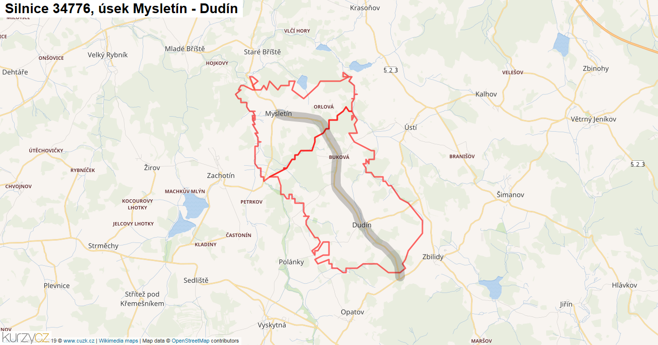 Úsek Mysletín - Dudín, Silnice 34776 - Mapa